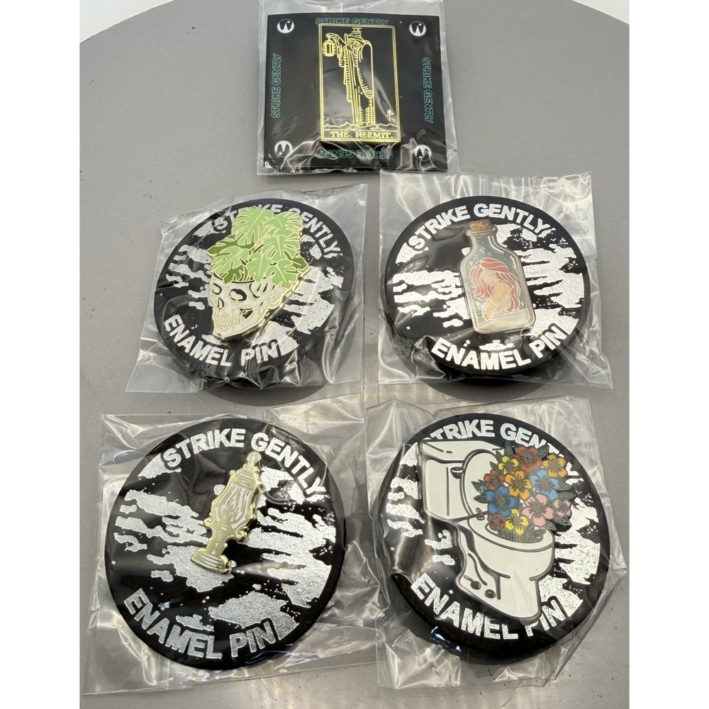 Strike Gently Enamel Pins Set of 5 Skull, Hermit, Toilet, Lamp, Girl NEW